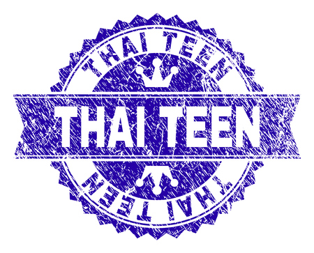 THAI TEEN rosette stamp seal watermark with distress style. Designed with round rosette, ribbon and small crowns. Blue vector rubber watermark of THAI TEEN text with retro texture.のイラスト素材