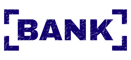 BANK label seal print with corroded effect. Text label is placed inside corners. Blue vector rubber print of BANK with grunge texture.のイラスト素材