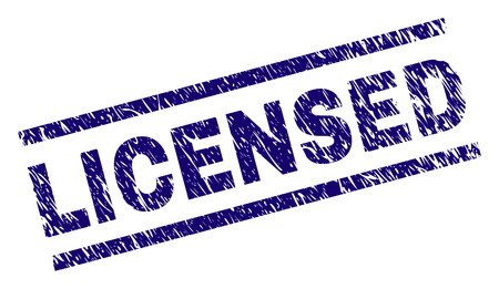 LICENSED seal imprint with distress style. Blue vector rubber print of LICENSED title with corroded texture. Text title is placed between parallel lines.のイラスト素材