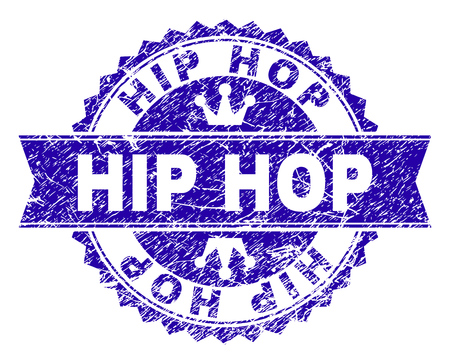 HIP HOP rosette seal imitation with distress style. Designed with round rosette, ribbon and small crowns. Blue vector rubber watermark of HIP HOP label with scratched style.のイラスト素材