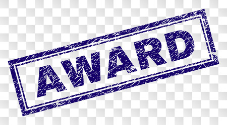 AWARD stamp seal print with dirty style and double framed rectangle shape. Stamp is placed on a transparent background. Blue vector rubber print of AWARD text with dirty texture.のイラスト素材