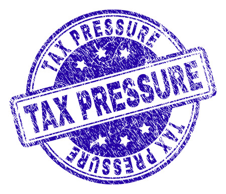 TAX PRESSURE stamp seal watermark with distress texture. Designed with rounded rectangles and circles. Blue vector rubber print of TAX PRESSURE text with dirty texture.のイラスト素材