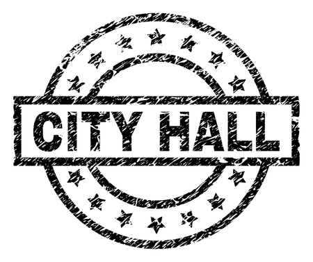 CITY HALL stamp seal watermark with distress style. Designed with rectangle, circles and stars. Black vector rubber print of CITY HALL label with retro texture.のイラスト素材