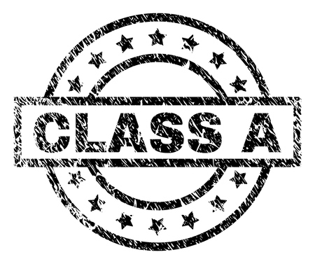 CLASS A stamp seal watermark with distress style. Designed with rectangle, circles and stars. Black vector rubber print of CLASS A tag with unclean texture.のイラスト素材