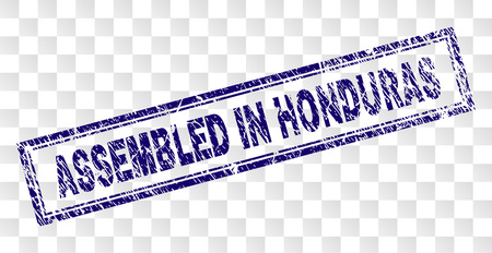 ASSEMBLED IN HONDURAS stamp seal print with corroded style and double framed rectangle shape. Stamp is placed on a transparent background.のイラスト素材