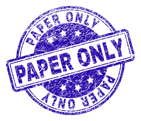 PAPER ONLY stamp seal watermark with grunge texture. Designed with rounded rectangles and circles. Blue vector rubber print of PAPER ONLY text with retro texture.のイラスト素材