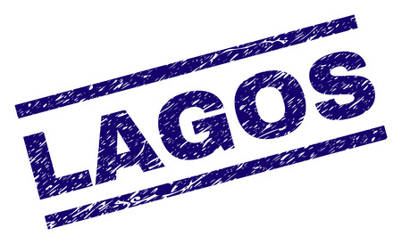 LAGOS seal print with grunge style. Blue vector rubber print of LAGOS text with corroded texture. Text label is placed between parallel lines.のイラスト素材