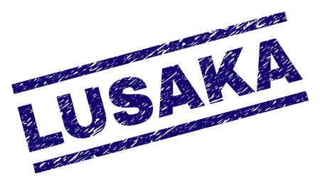 LUSAKA seal print with grunge style. Blue vector rubber print of LUSAKA text with unclean texture. Text tag is placed between parallel lines.のイラスト素材