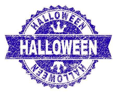 HALLOWEEN rosette stamp seal watermark with distress effect. Designed with round rosette, ribbon and small crowns. Blue vector rubber watermark of HALLOWEEN title with retro style.のイラスト素材