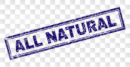 ALL NATURAL stamp seal print with rubber print style and double framed rectangle shape. Stamp is placed on a transparent background. Blue vector rubber print of ALL NATURAL tag with dirty texture.のイラスト素材