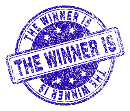 THE WINNER IS stamp seal imprint with distress texture. Designed with rounded rectangles and circles. Blue vector rubber print of THE WINNER IS title with corroded texture.のイラスト素材