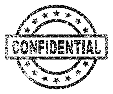 CONFIDENTIAL stamp seal watermark with distress style. Designed with rectangle, circles and stars. Black vector rubber print of CONFIDENTIAL text with corroded texture.のイラスト素材