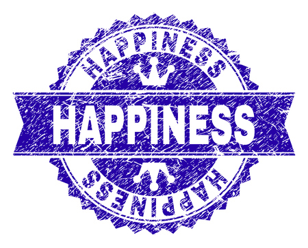 HAPPINESS rosette seal imprint with distress style. Designed with round rosette, ribbon and small crowns. Blue vector rubber print of HAPPINESS caption with retro style.のイラスト素材