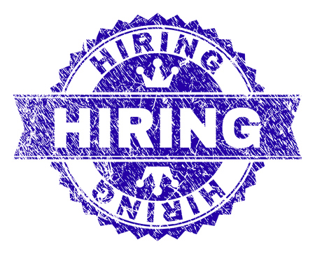 HIRING rosette seal watermark with grunge effect. Designed with round rosette, ribbon and small crowns. Blue vector rubber watermark of HIRING caption with grunge style.のイラスト素材