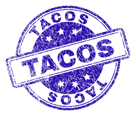 TACOS stamp seal imprint with grunge texture. Designed with rounded rectangles and circles. Blue vector rubber print of TACOS label with dust texture.のイラスト素材