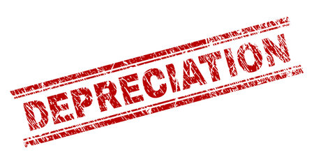 DEPRECIATION seal watermark with distress texture. Red vector rubber print of DEPRECIATION caption with grunge texture. Text caption is placed between double parallel lines.のイラスト素材