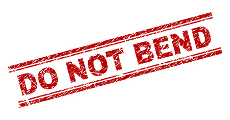 DO NOT BEND seal print with corroded texture. Red vector rubber print of DO NOT BEND tag with dirty texture. Text tag is placed between double parallel lines.のイラスト素材