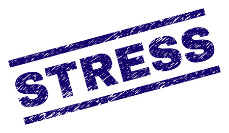 STRESS seal print with distress style. Blue vector rubber print of STRESS text with grunge texture. Text caption is placed between parallel lines.のイラスト素材