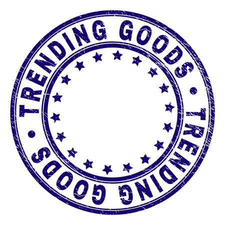 TRENDING GOODS stamp seal imprint with distress texture. Designed with circles and stars. Blue vector rubber print of TRENDING GOODS caption with scratched texture.のイラスト素材