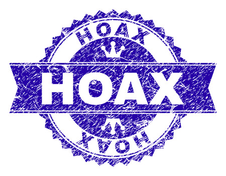 HOAX rosette stamp watermark with grunge texture. Designed with round rosette, ribbon and small crowns. Blue vector rubber watermark of HOAX title with scratched texture.のイラスト素材