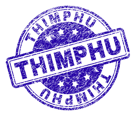 THIMPHU stamp seal imprint with grunge style. Designed with rounded rectangles and circles. Blue vector rubber print of THIMPHU label with grunge texture.のイラスト素材