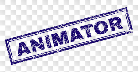 ANIMATOR stamp seal watermark with rubber print style and double framed rectangle shape. Stamp is placed on a transparent background. Blue vector rubber print of ANIMATOR title with grunge texture.のイラスト素材