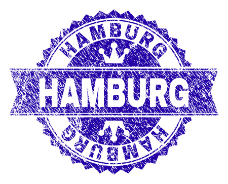 HAMBURG rosette seal overlay with distress texture. Designed with round rosette, ribbon and small crowns. Blue vector rubber print of HAMBURG title with dirty texture.のイラスト素材