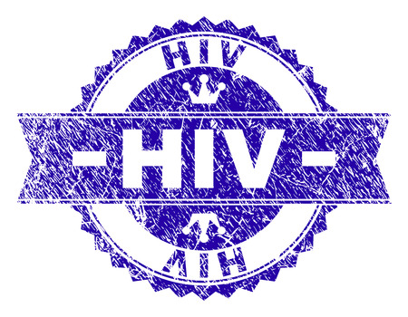 HIV rosette stamp seal watermark with distress style. Designed with round rosette, ribbon and small crowns. Blue vector rubber print of HIV tag with grunge style.のイラスト素材