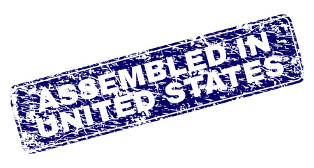 ASSEMBLED IN UNITED STATES stamp seal print with grunge style. Seal shape is a rounded rectangle with frame. Blue vector rubber print of ASSEMBLED IN UNITED STATES tag with grunge texture.のイラスト素材