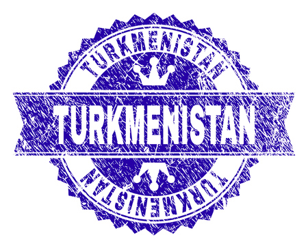 TURKMENISTAN rosette seal watermark with grunge style. Designed with round rosette, ribbon and small crowns. Blue vector rubber watermark of TURKMENISTAN label with dirty style.のイラスト素材
