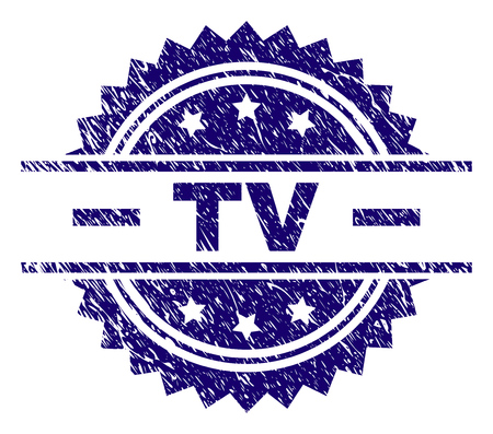 TV stamp seal watermark with distress style. Blue vector rubber print of TV label with corroded texture.のイラスト素材