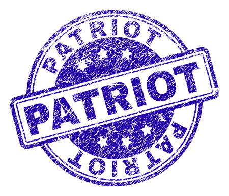 PATRIOT stamp seal imprint with grunge texture. Designed with rounded rectangles and circles. Blue vector rubber print of PATRIOT text with dust texture.のイラスト素材