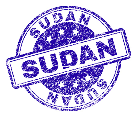 SUDAN stamp seal imprint with distress texture. Designed with rounded rectangles and circles. Blue vector rubber print of SUDAN text with dust texture.のイラスト素材