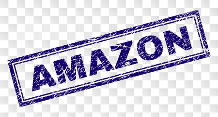 AMAZON stamp seal imprint with rubber print style and double framed rectangle shape. Stamp is placed on a transparent background. Blue vector rubber print of AMAZON label with unclean texture.のイラスト素材