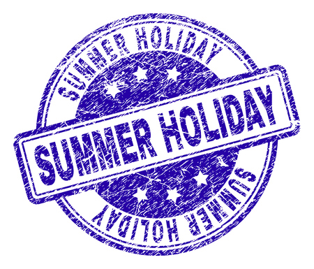SUMMER HOLIDAY stamp seal watermark with distress texture. Designed with rounded rectangles and circles. Blue vector rubber print of SUMMER HOLIDAY label with dust texture.のイラスト素材