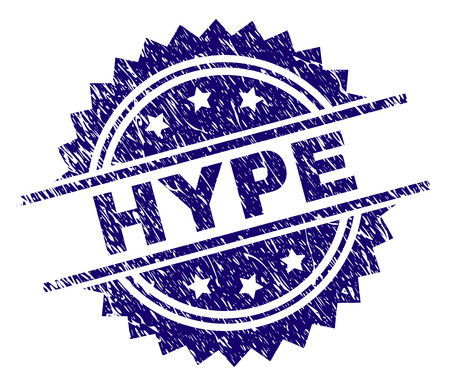 HYPE stamp seal watermark with distress style. Blue vector rubber print of HYPE label with corroded texture.のイラスト素材