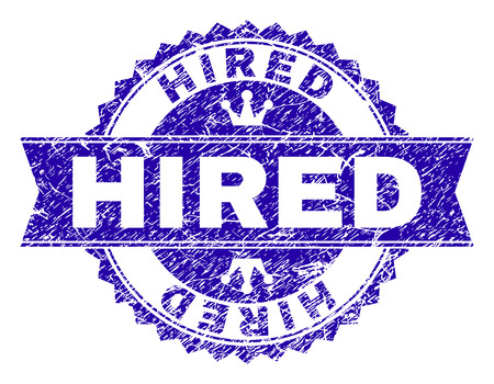 HIRED rosette stamp watermark with distress style. Designed with round rosette, ribbon and small crowns. Blue vector rubber print of HIRED title with grunge style.のイラスト素材