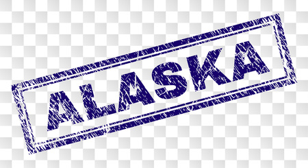ALASKA stamp seal imprint with rubber print style and double framed rectangle shape. Stamp is placed on a transparent background. Blue vector rubber print of ALASKA caption with dust texture.のイラスト素材