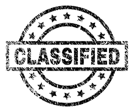 CLASSIFIED stamp seal watermark with distress style. Designed with rectangle, circles and stars. Black vector rubber print of CLASSIFIED caption with unclean texture.のイラスト素材