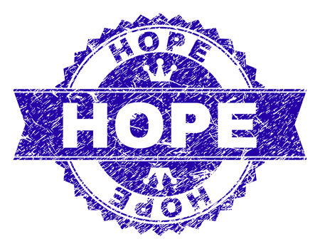 HOPE rosette stamp overlay with grunge style. Designed with round rosette, ribbon and small crowns. Blue vector rubber watermark of HOPE title with retro style.のイラスト素材