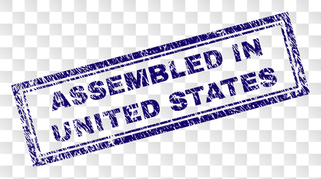ASSEMBLED IN UNITED STATES stamp seal print with rubber print style and double framed rectangle shape. Stamp is placed on a transparent background.のイラスト素材