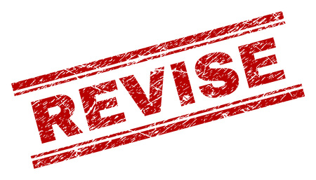 REVISE seal print with corroded effect. Red vector rubber print of REVISE text with scratched texture. Text title is placed between double parallel lines.のイラスト素材