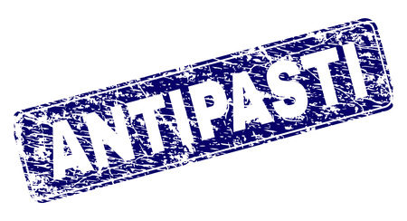 ANTIPASTI stamp seal print with distress style. Seal shape is a rounded rectangle with frame. Blue vector rubber print of ANTIPASTI title with grunge style.のイラスト素材