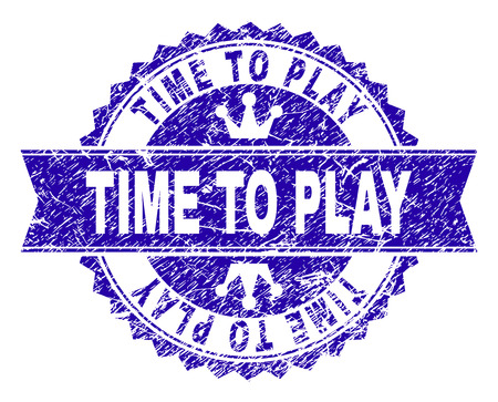 TIME TO PLAY rosette stamp watermark with distress texture. Designed with round rosette, ribbon and small crowns. Blue vector rubber watermark of TIME TO PLAY label with scratched texture.のイラスト素材