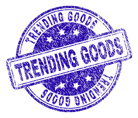 TRENDING GOODS stamp seal imprint with grunge texture. Designed with rounded rectangles and circles. Blue vector rubber print of TRENDING GOODS text with corroded texture.のイラスト素材