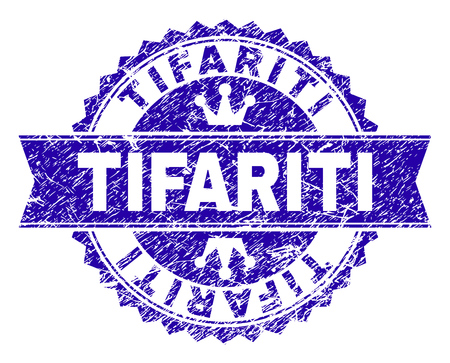 TIFARITI rosette seal watermark with grunge texture. Designed with round rosette, ribbon and small crowns. Blue vector rubber watermark of TIFARITI label with corroded texture.のイラスト素材
