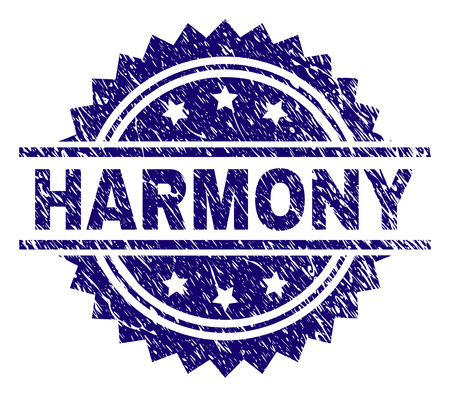 HARMONY stamp seal watermark with distress style. Blue vector rubber print of HARMONY label with scratched texture.のイラスト素材