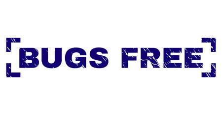 BUGS FREE text seal print with distress style. Text tag is placed inside corners. Blue vector rubber print of BUGS FREE with dust texture.のイラスト素材