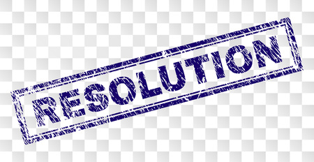 RESOLUTION stamp seal print with rubber print style and double framed rectangle shape. Stamp is placed on a transparent background. Blue vector rubber print of RESOLUTION title with corroded texture.のイラスト素材