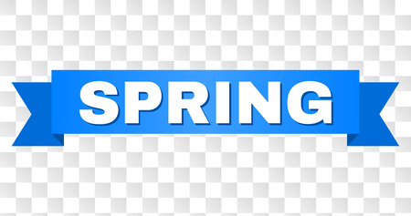 SPRING text on a ribbon. Designed with white title and blue tape. Vector banner with SPRING tag on a transparent background.のイラスト素材